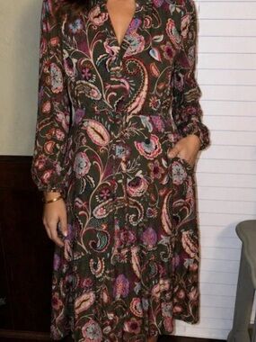 Ann Taylor Loft Small Petite Olive Paisley Long Sleeve Midi Dress - Floral Print